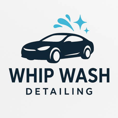 Company logo that has a car with water above it and text that says 'Whip Wash Detailing'